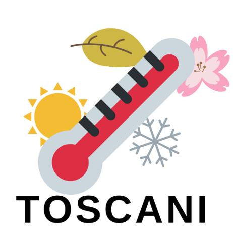 Logo of the Toscani team, depicting a thermometer in front of a sun icon (representing summer), falling leaf (representing fall), snowflake (representing winter), and flower (representing spring)