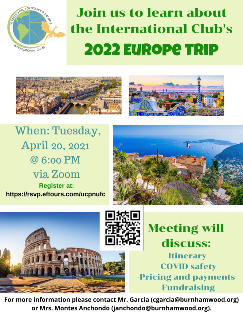 Join us to learn about the International Club's 2022 Europe Trip on Tuesday, April 20, 2021 at 6 P.M. Meeting will discuss itinerary, COVID safety, pricing and payments, and fundraising.