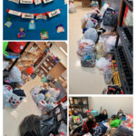 Clockwise from upper left: a bulletin board saying "'Tis the season of giving, This class gives back"; bags and boxes of collected items; students pose with some of the collected items; more bags of collected items
